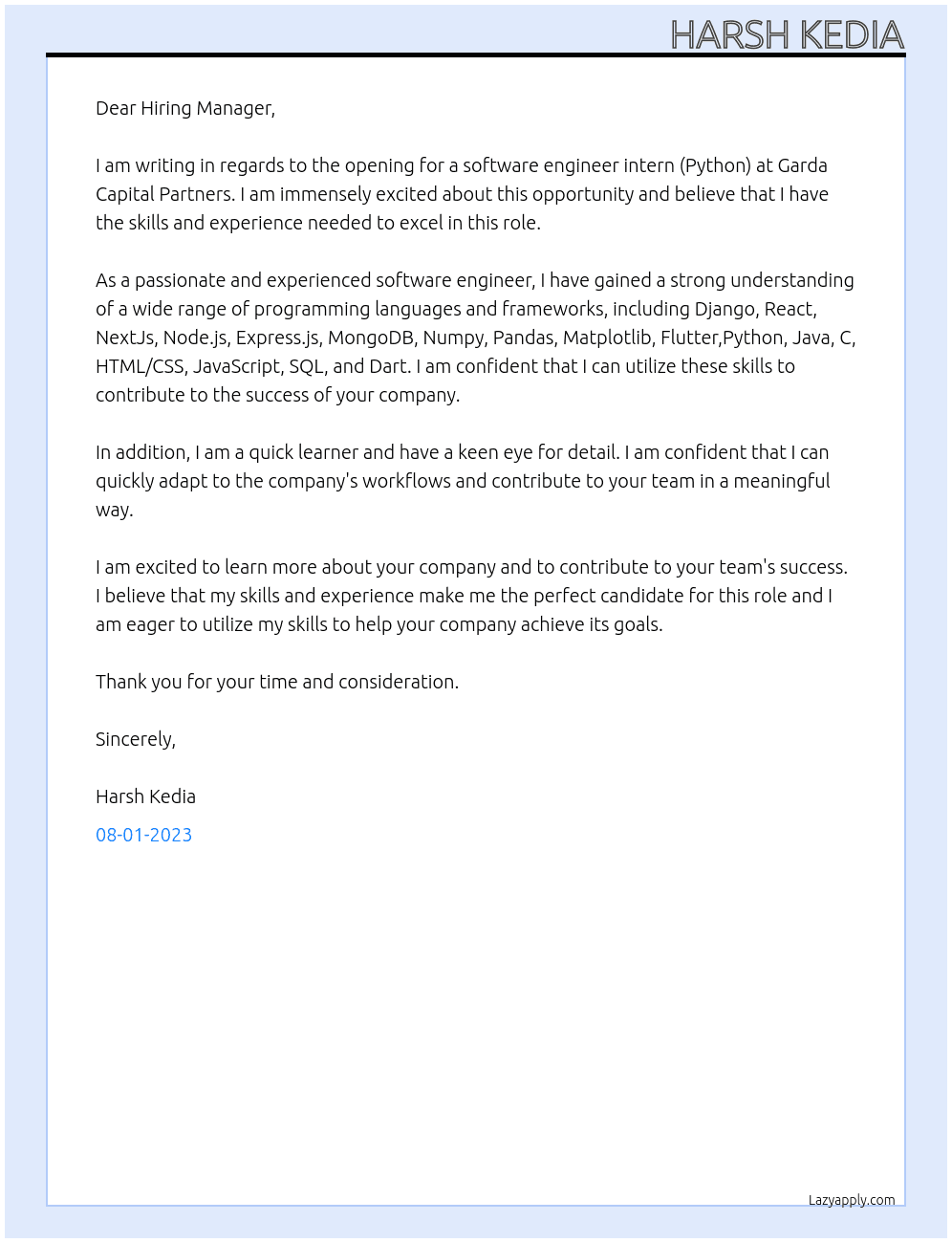 Software Engineer Intern (Python) At Garda Capital Partners Cover Letter