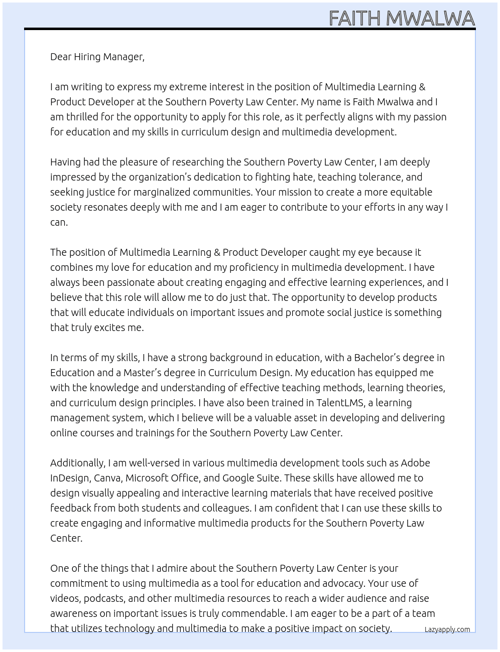 Cover letter for multimedia learning & product developer - LazyApply