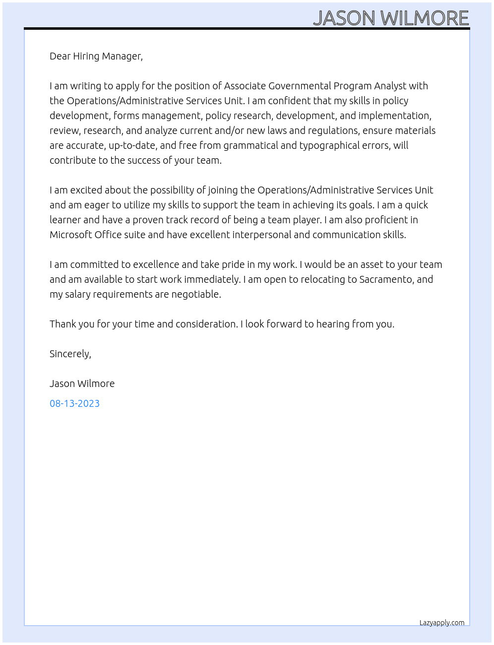 Associate Governmental Program Analyst At Operations/Administrative Services Unit Cover Letter
