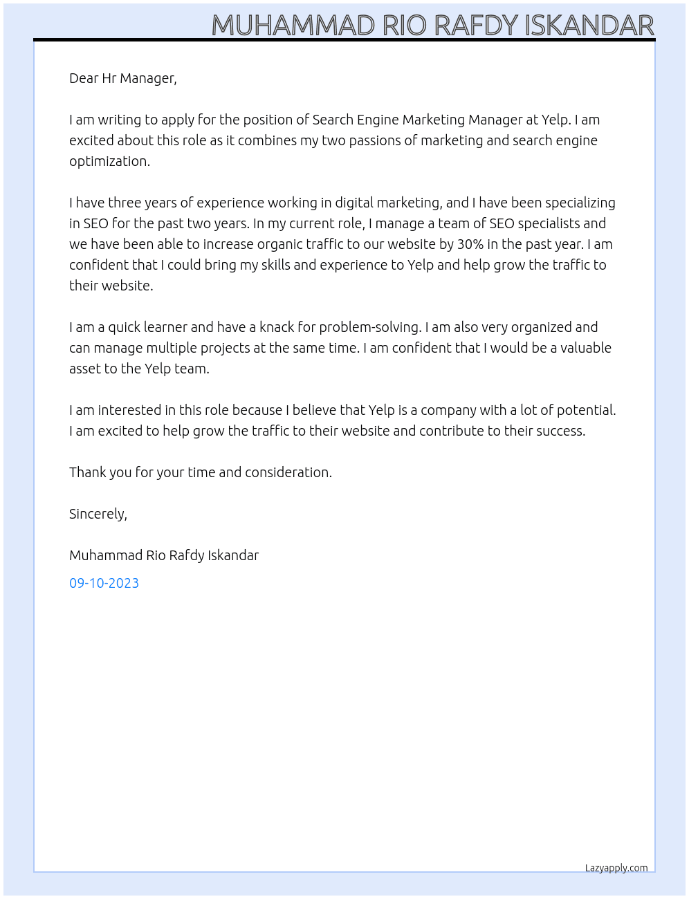 Search Engine Marketing Manager At Yelp Cover Letter