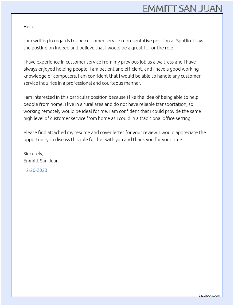 customer service representative At Spotlio Cover Letter