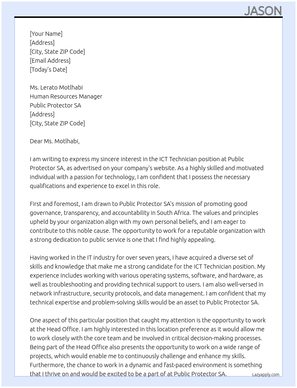 ICT Technician At Public Protector SA Cover Letter