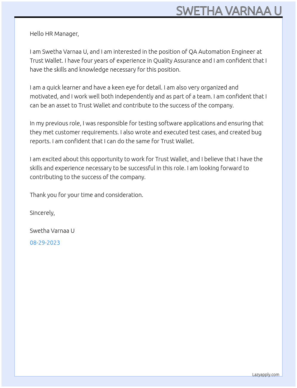 QA Automation Engineer At Trust Wallet Cover Letter
