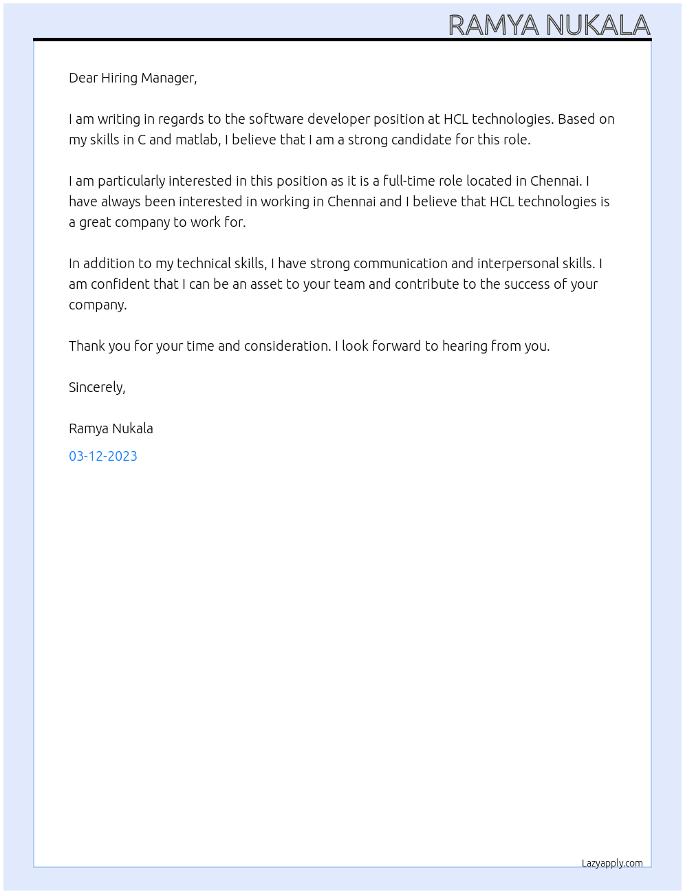 Software developer  At HCL technologies  Cover Letter