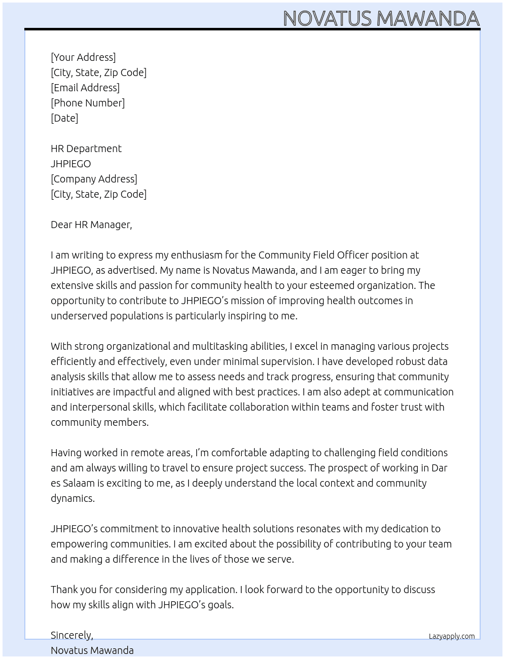 COMMUNITY FIELD OFFICER At JHPIEGO Cover Letter