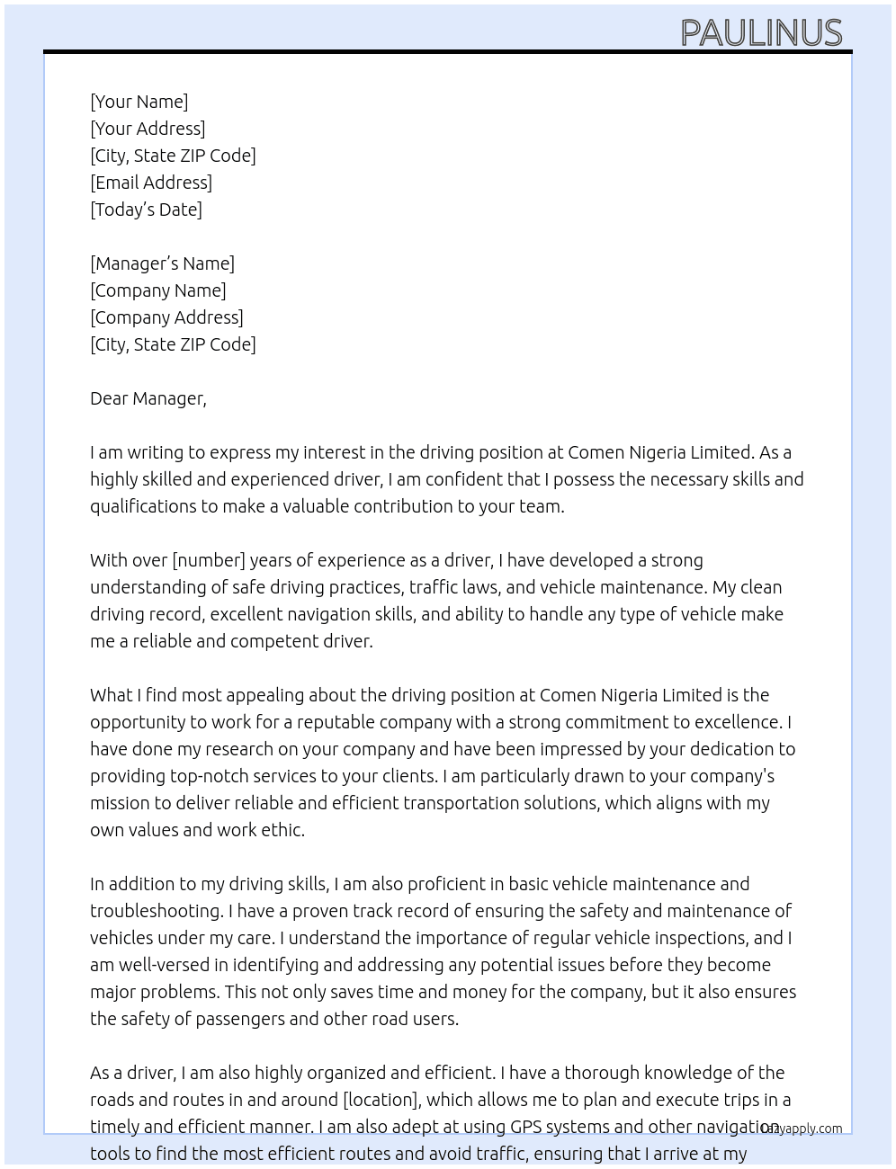 Driving  At Comen Nigeria limited  Cover Letter