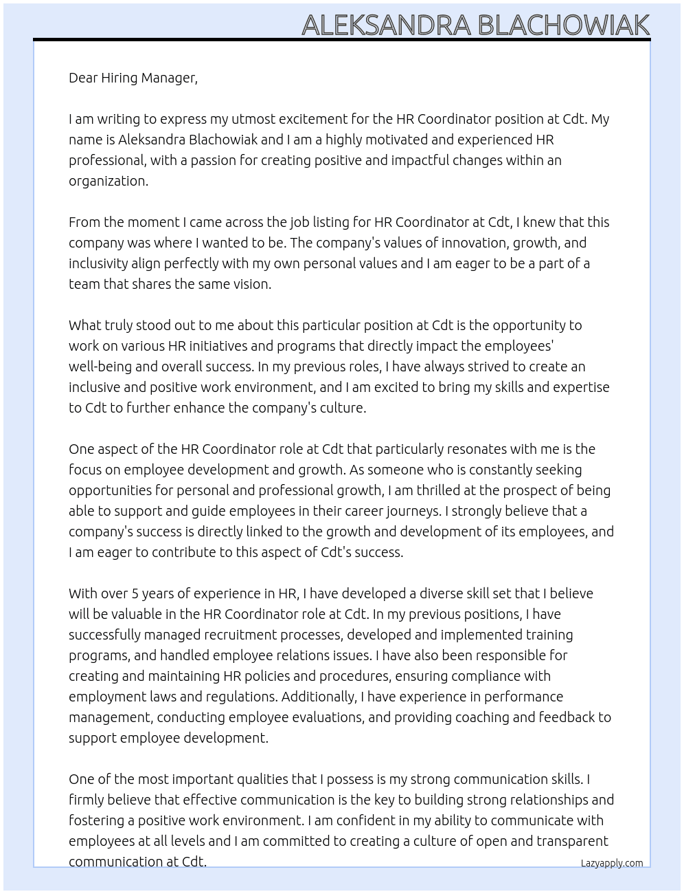 Hr coordinator  At Cdt Cover Letter