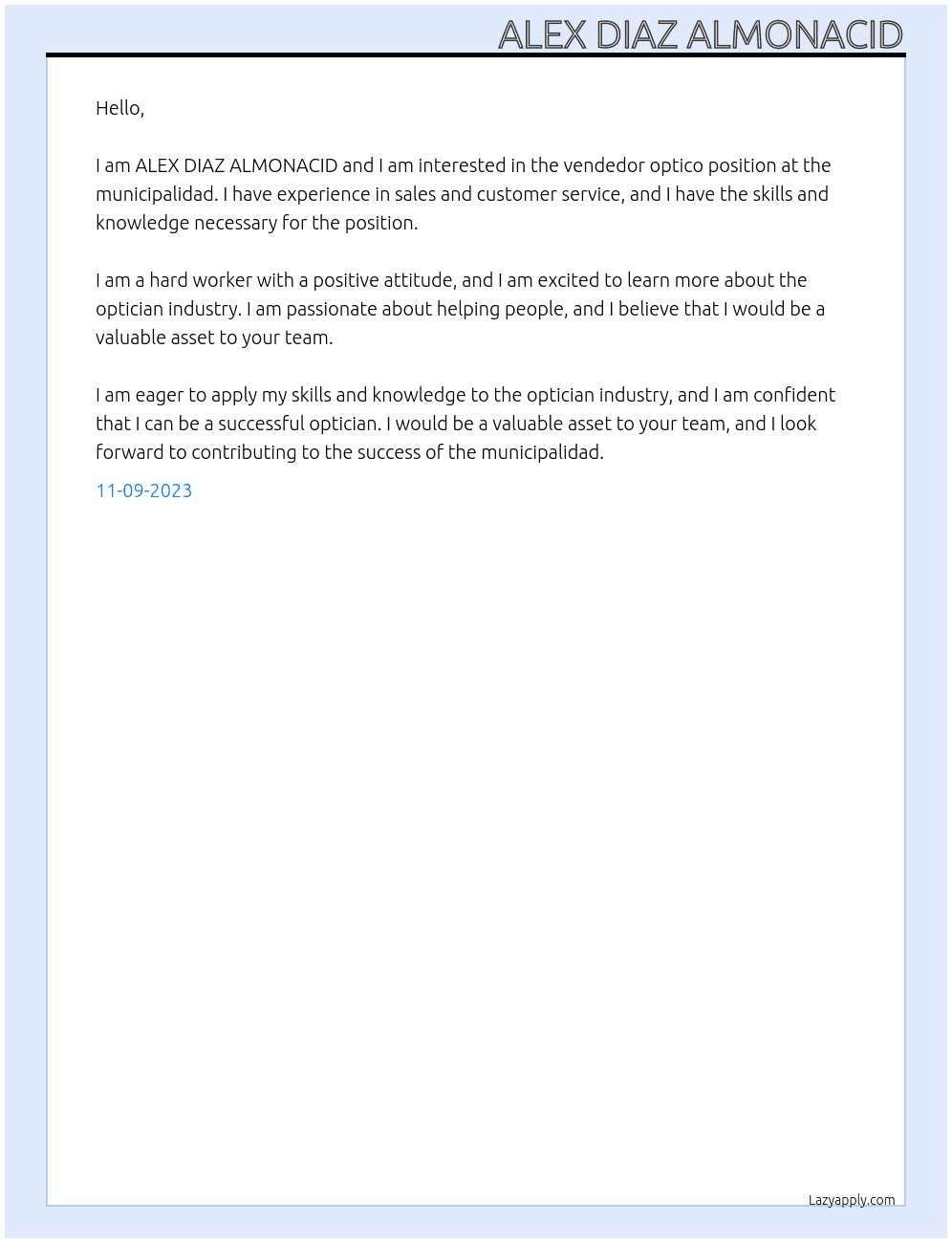 vendedor optico At municipalidad Cover Letter