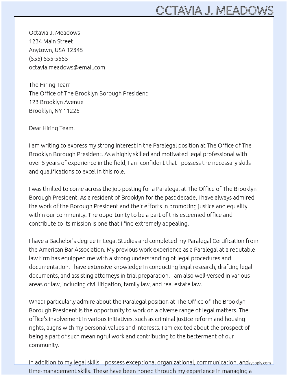Paralegal At The Office OF The Brooklyn Borough President Cover Letter