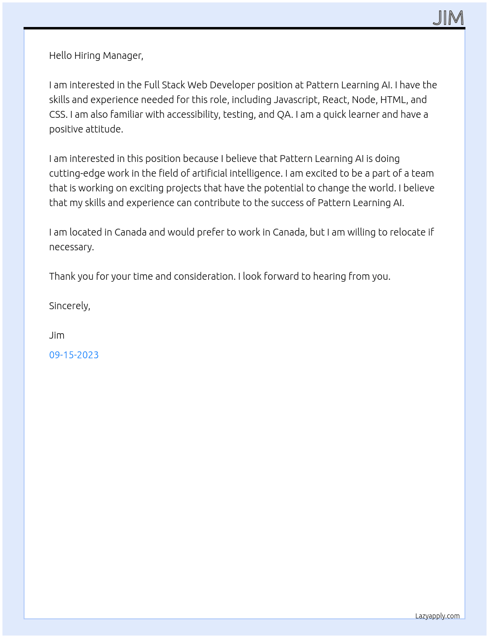 Full Stack Web Developer  At Pattern Learning AI Cover Letter