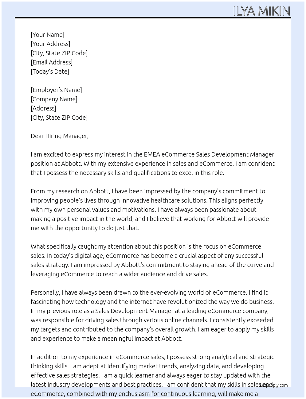 EMEA eCommerce Sales Development Manager At Abbott Cover Letter