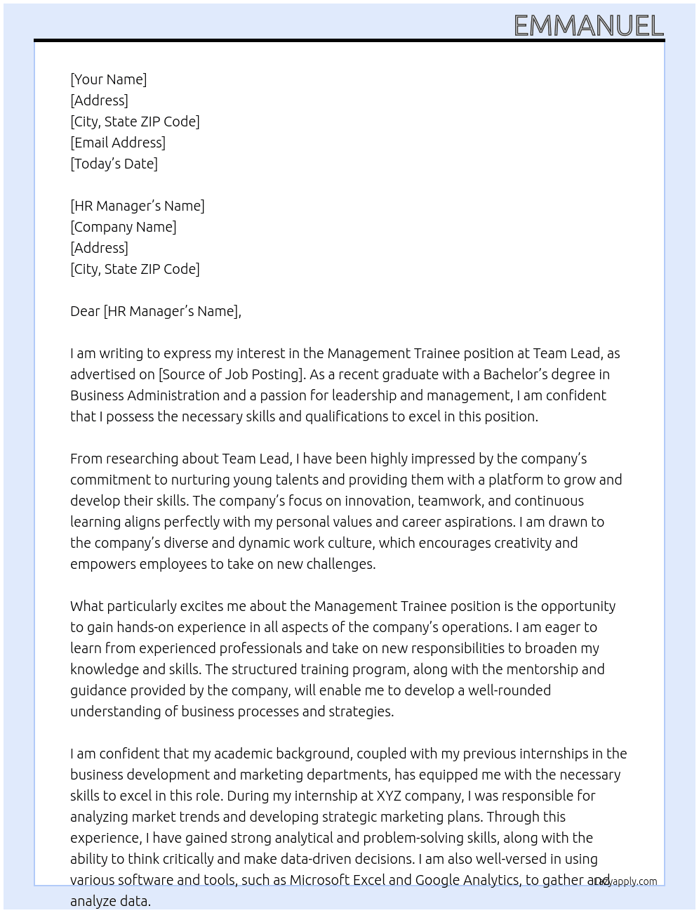 Management trainee At Team lead Cover Letter