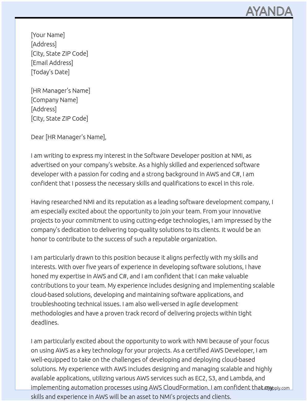 Software developer At NMI Cover Letter
