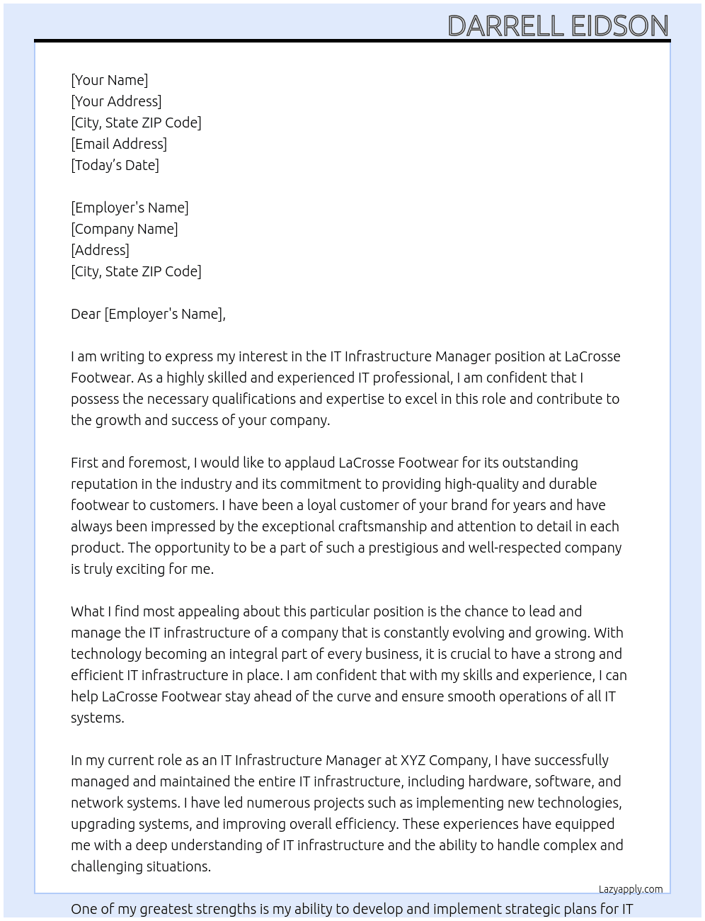  IT Infrastructure Manager At LaCrosse Footwear Cover Letter