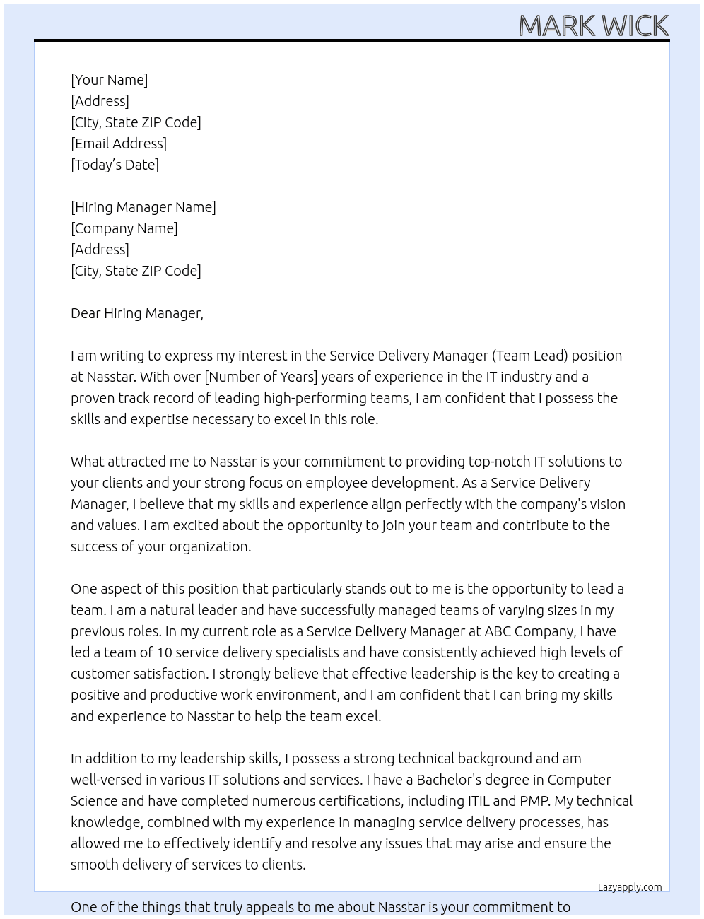 Service Delivery Manager (Team Lead) At Nasstar Cover Letter