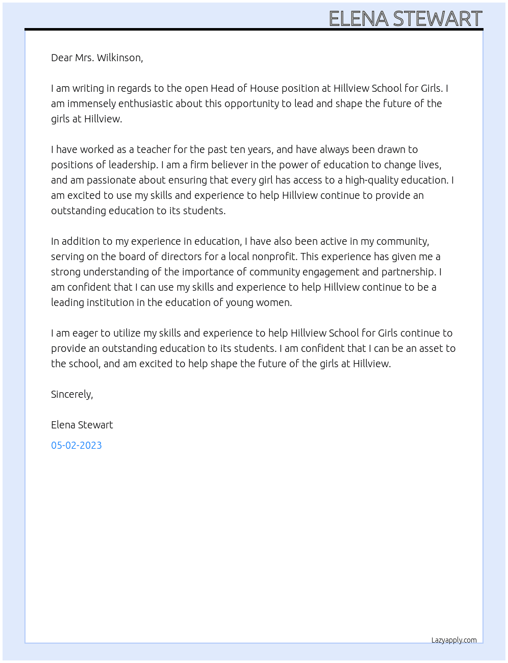 Franklin- Head of House At Hillview School for Girls Cover Letter