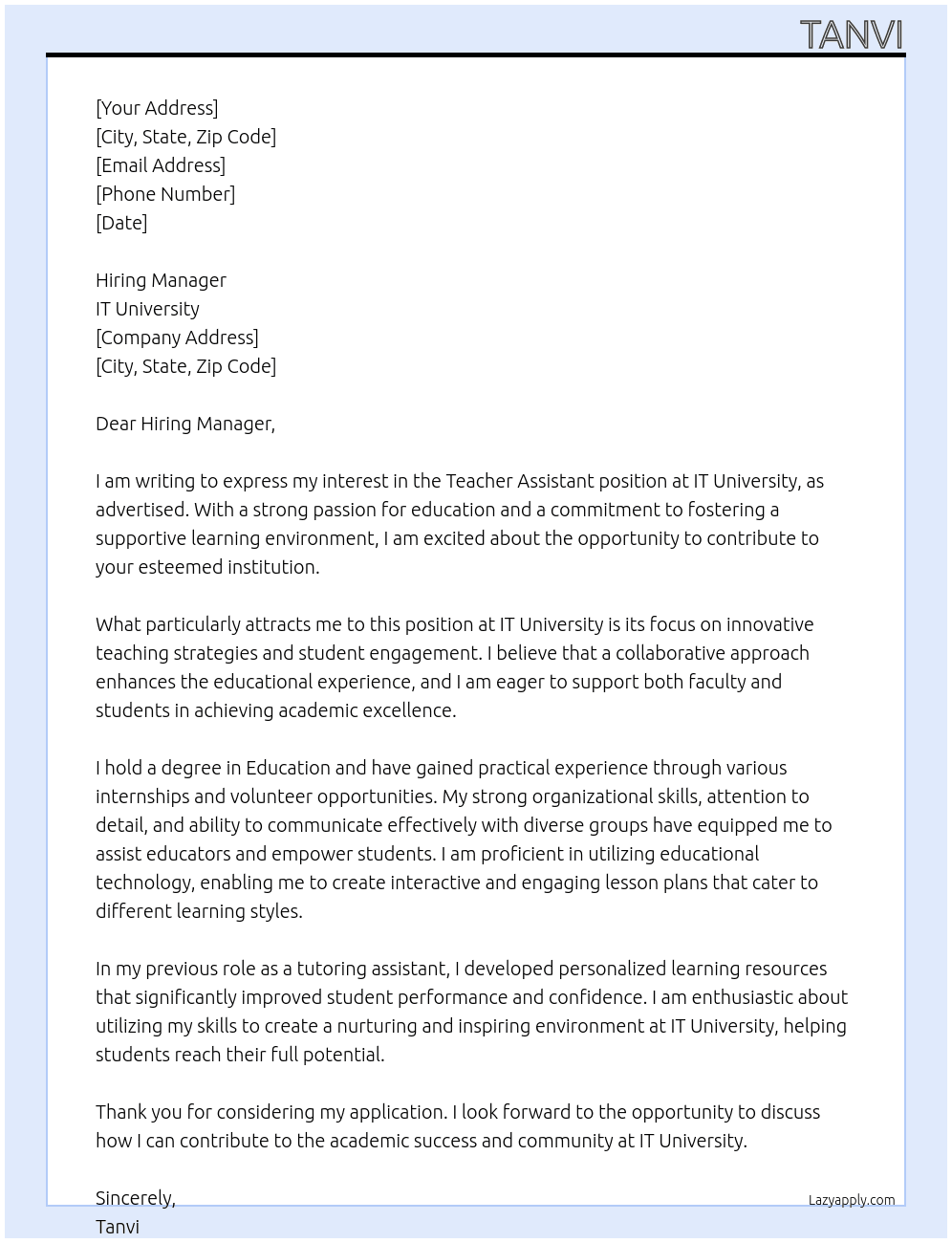 Cover letter for teacher assitant - LazyApply