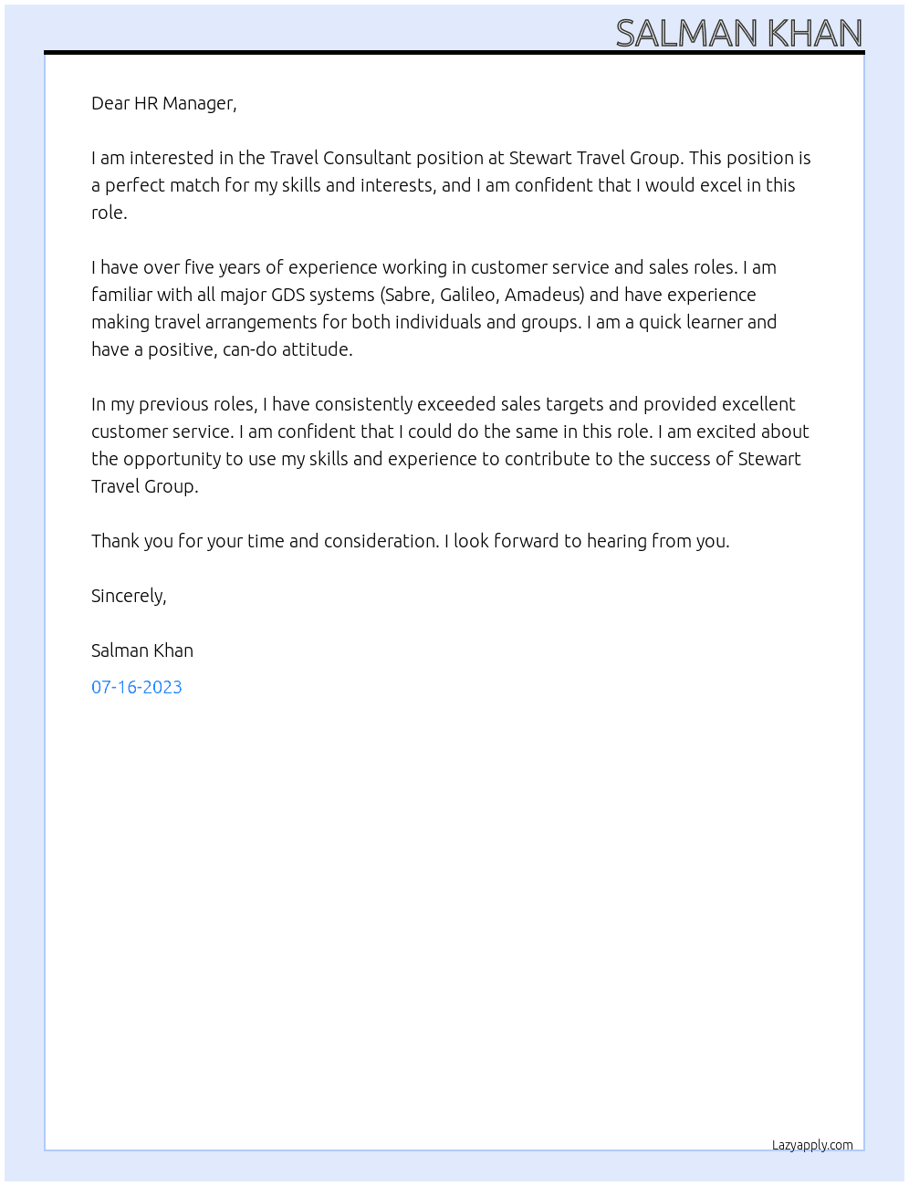 Travel Consultant At Stewart Travel Group  Cover Letter