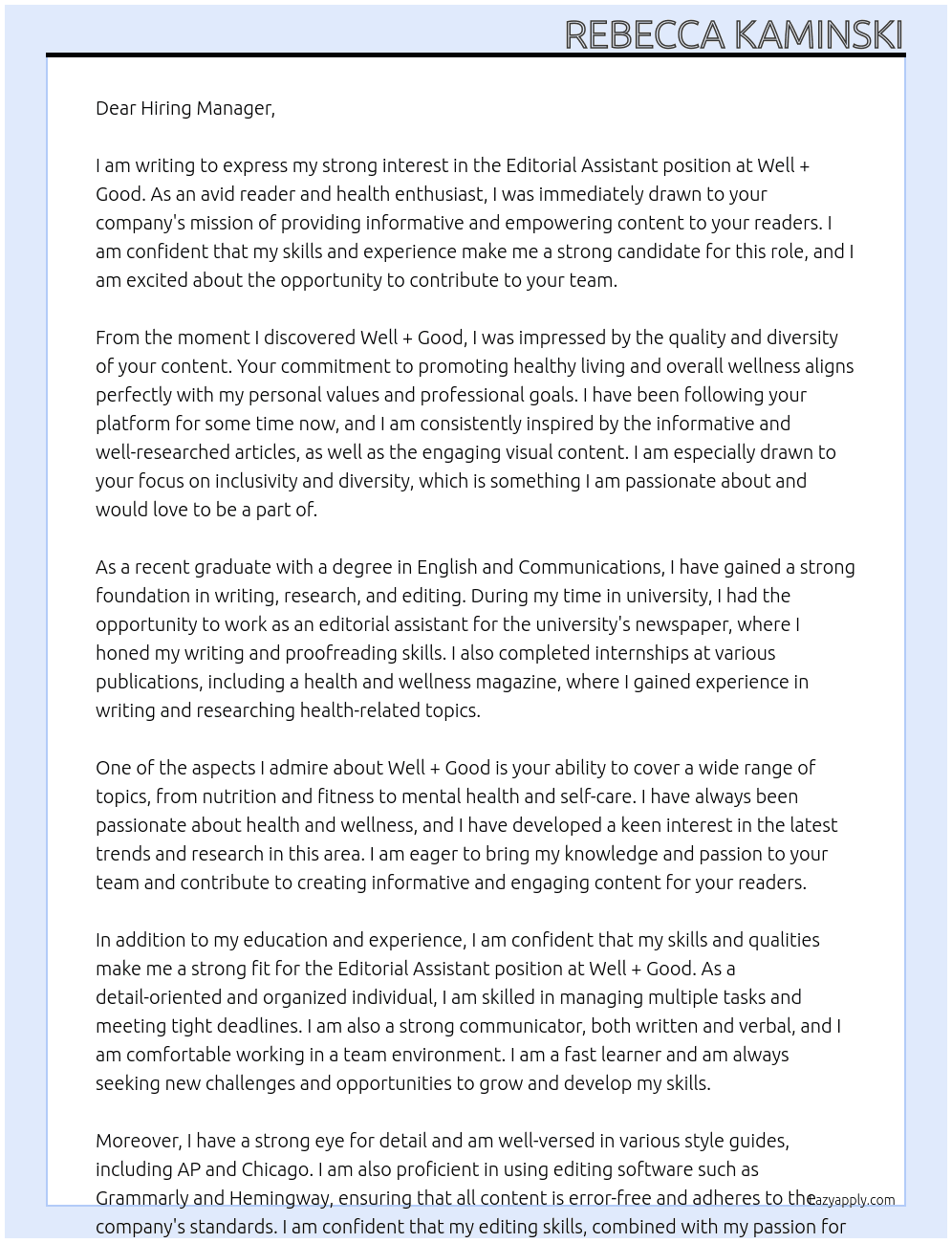 Editorial Assistant At Well + Good Cover Letter