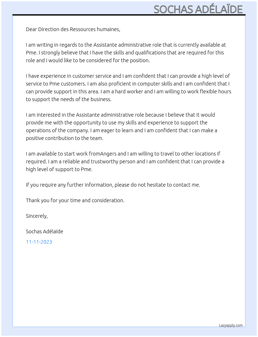Assistante administrative At Pme Cover Letter
