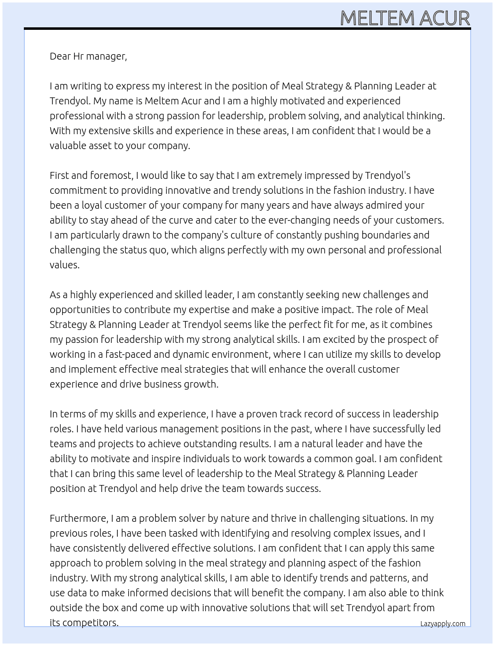 Meal Strategy & Planning Leaders At Trendyol Cover Letter