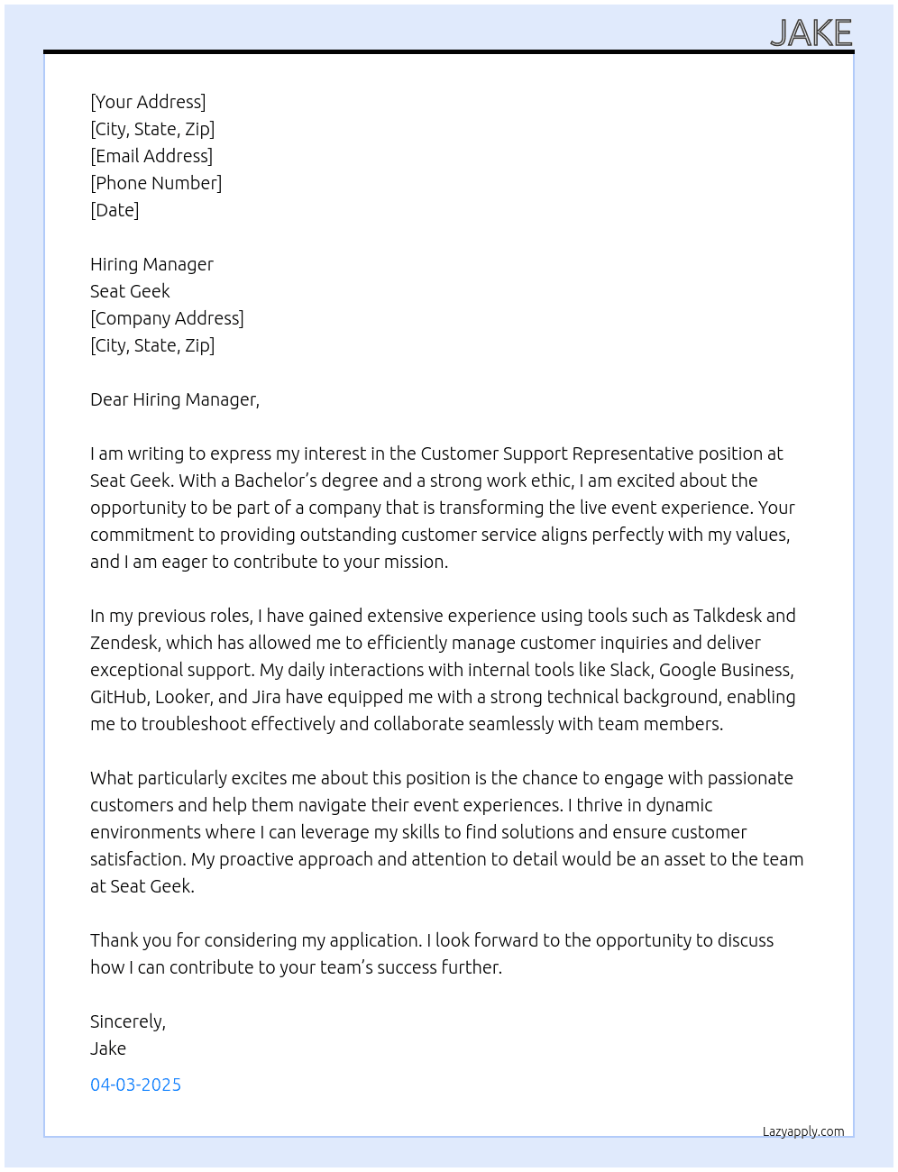 Customer Support Representative At Seat Geek Cover Letter
