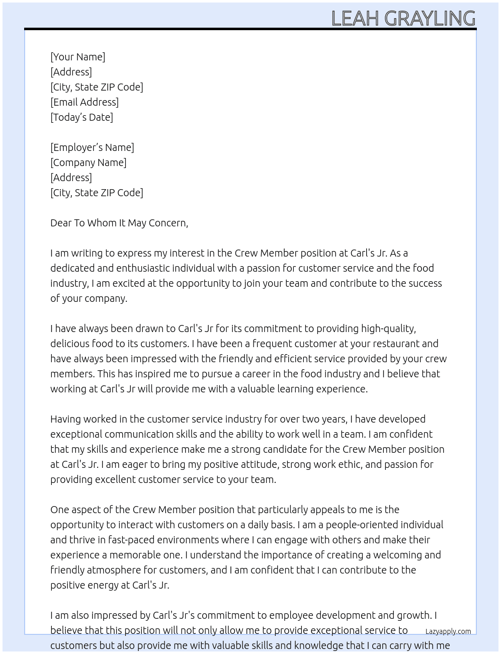 Crew Member At Carl's Jr Cover Letter