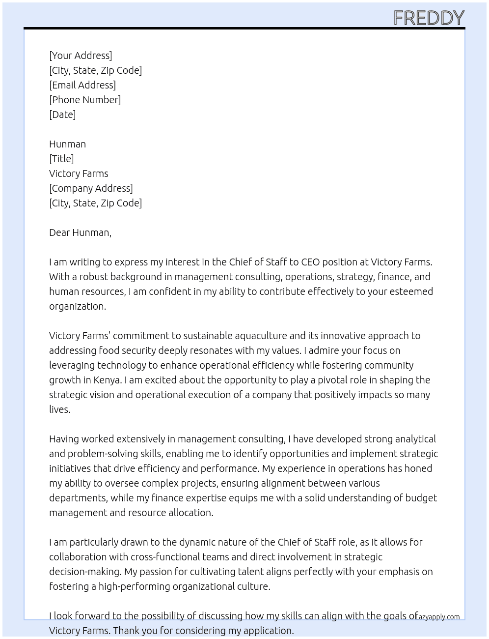 Chief of Staff to CEO Kenya At Victory Farms Cover Letter