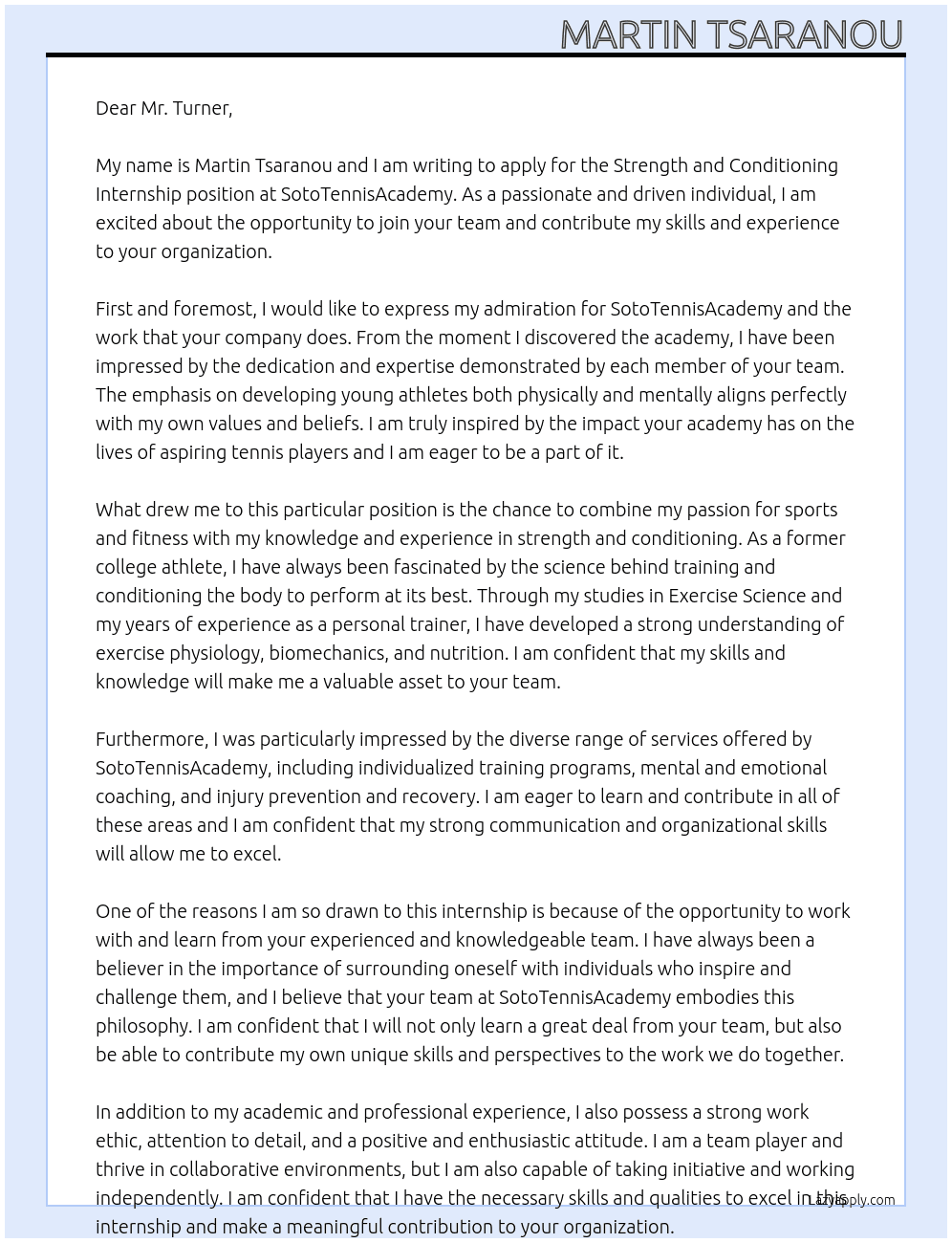 Strength and Conditioning Internship At SotoTennisAcademy Cover Letter