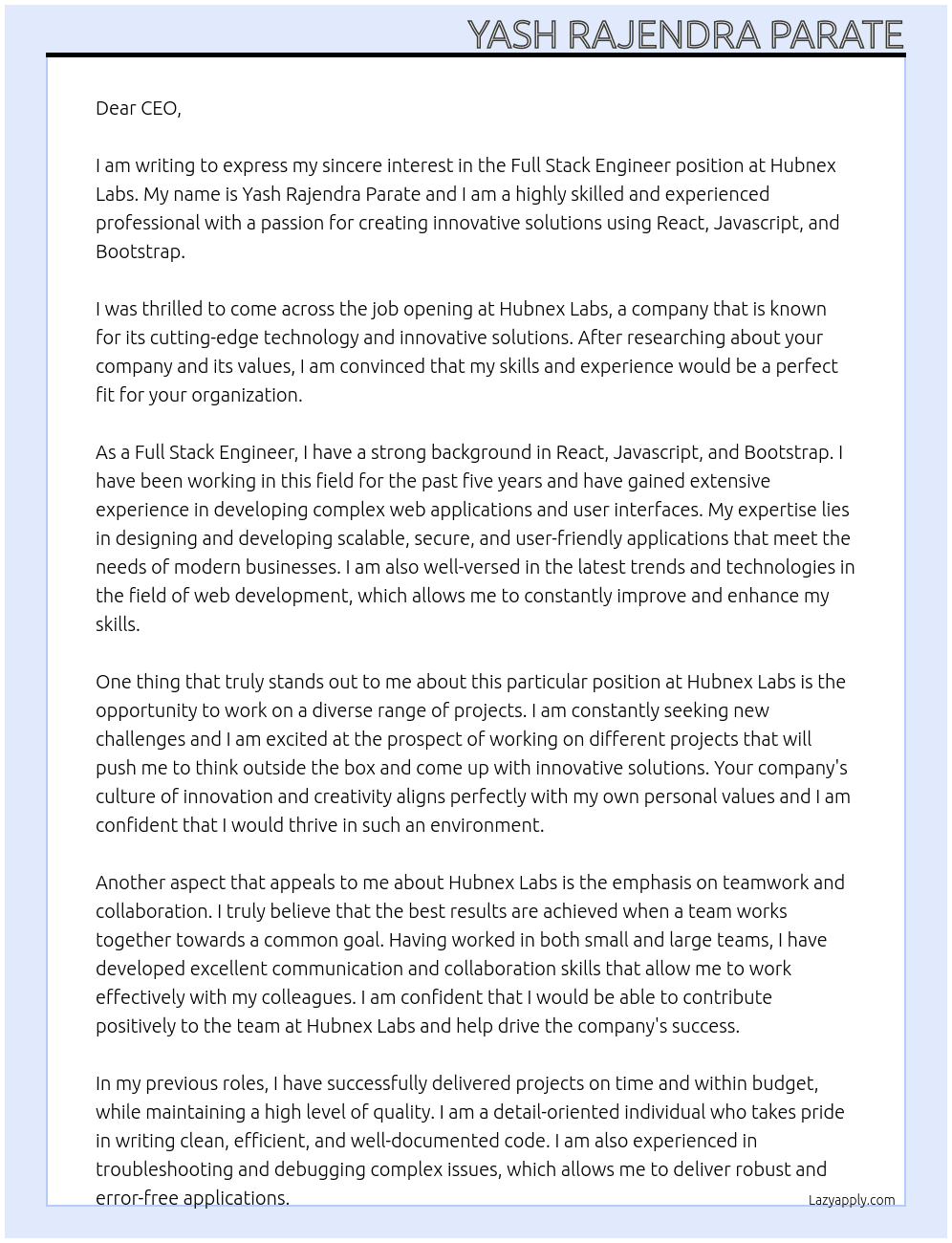 Full Stack Engineer At Hubnex Labs  Cover Letter