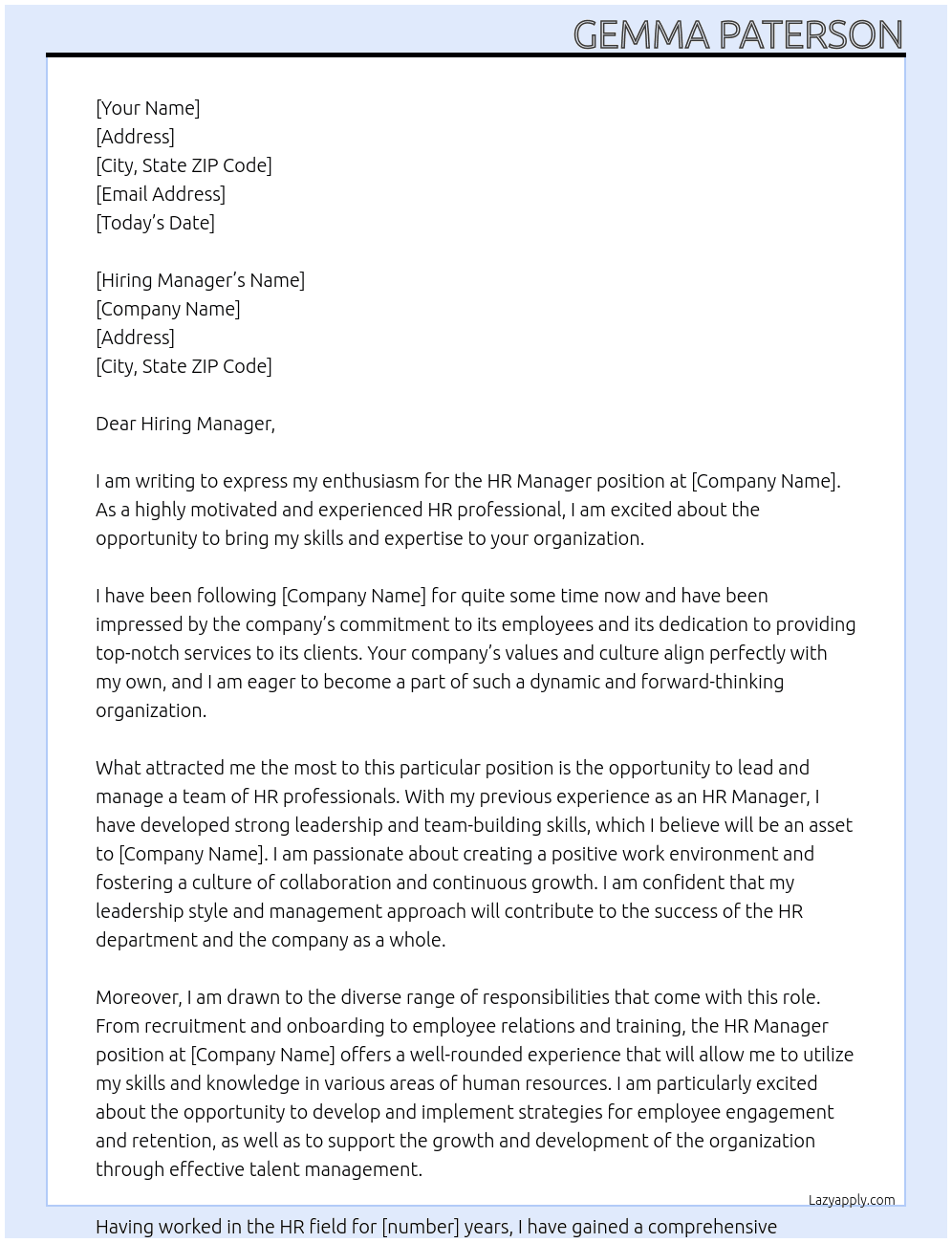 HR Manager At Agency Cover Letter