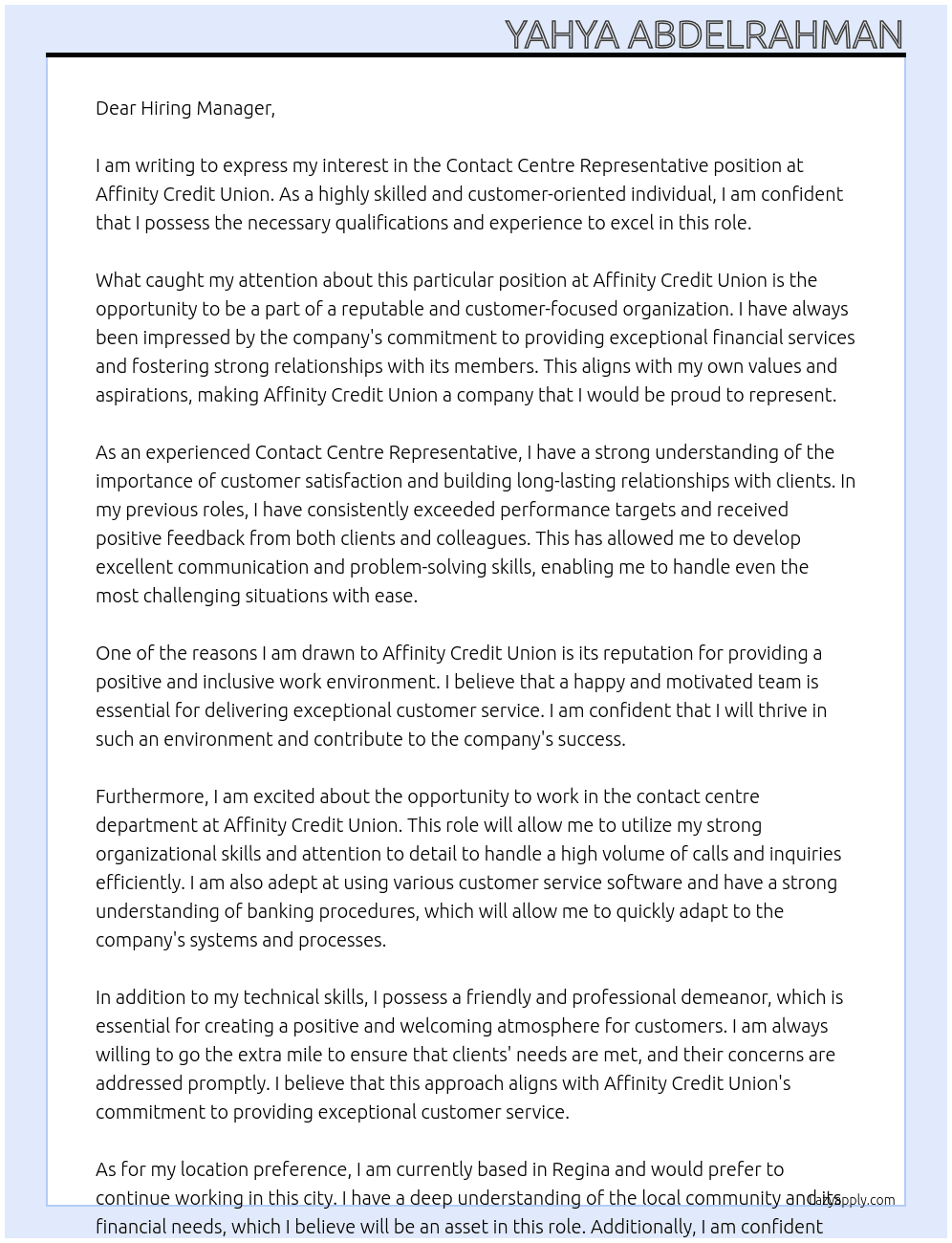 Contact Centre Representative At Affinity Credit Union Cover Letter