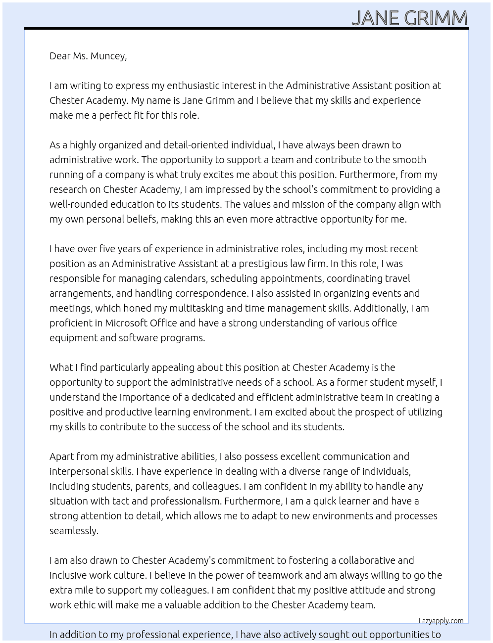 Administrative assistant  At Chester Academy  Cover Letter
