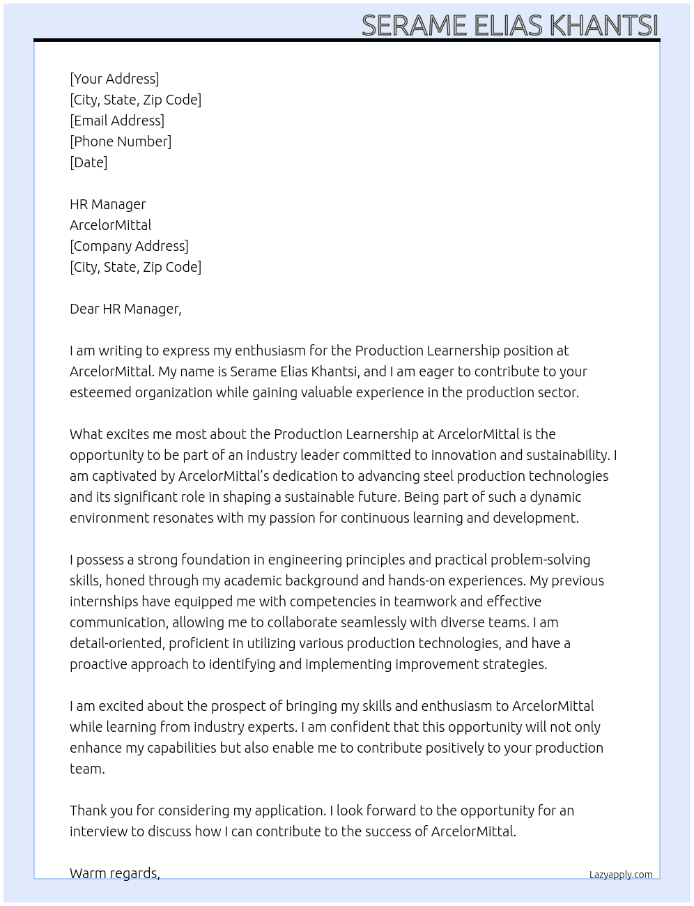 Production Learnership  At Arcelormittal  Cover Letter