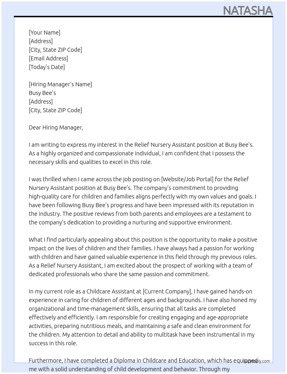 Relief Nursery Assistant At Busy Bee's  Cover Letter