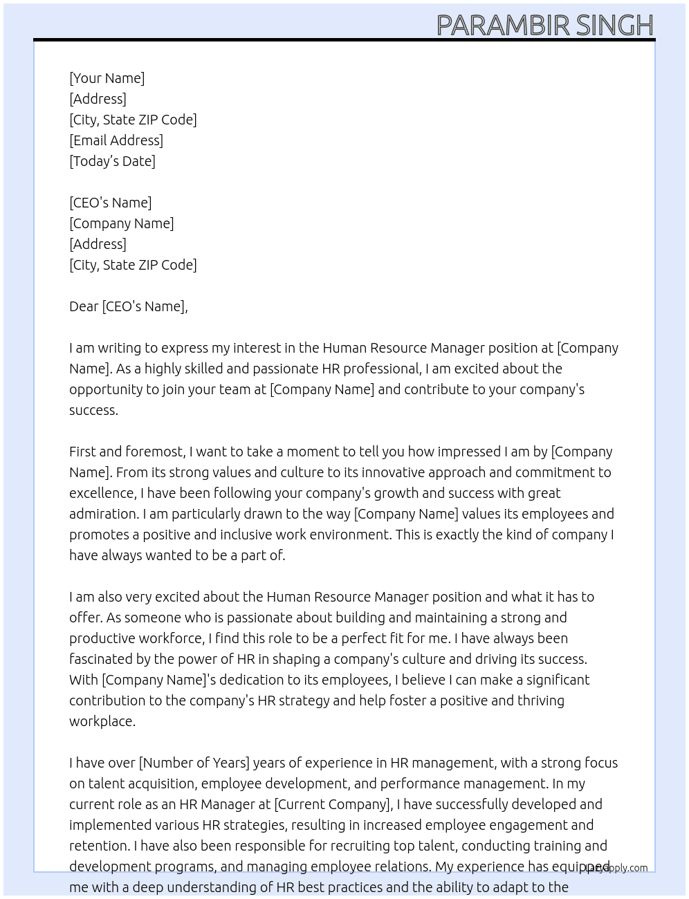 Human Resource Manager At tru Cover Letter