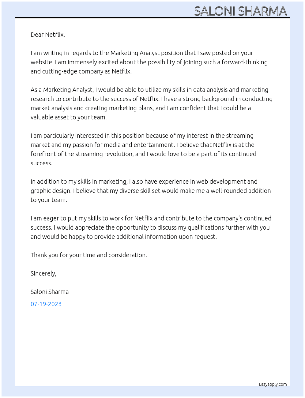 Marketing Analyst At Netflix Cover Letter
