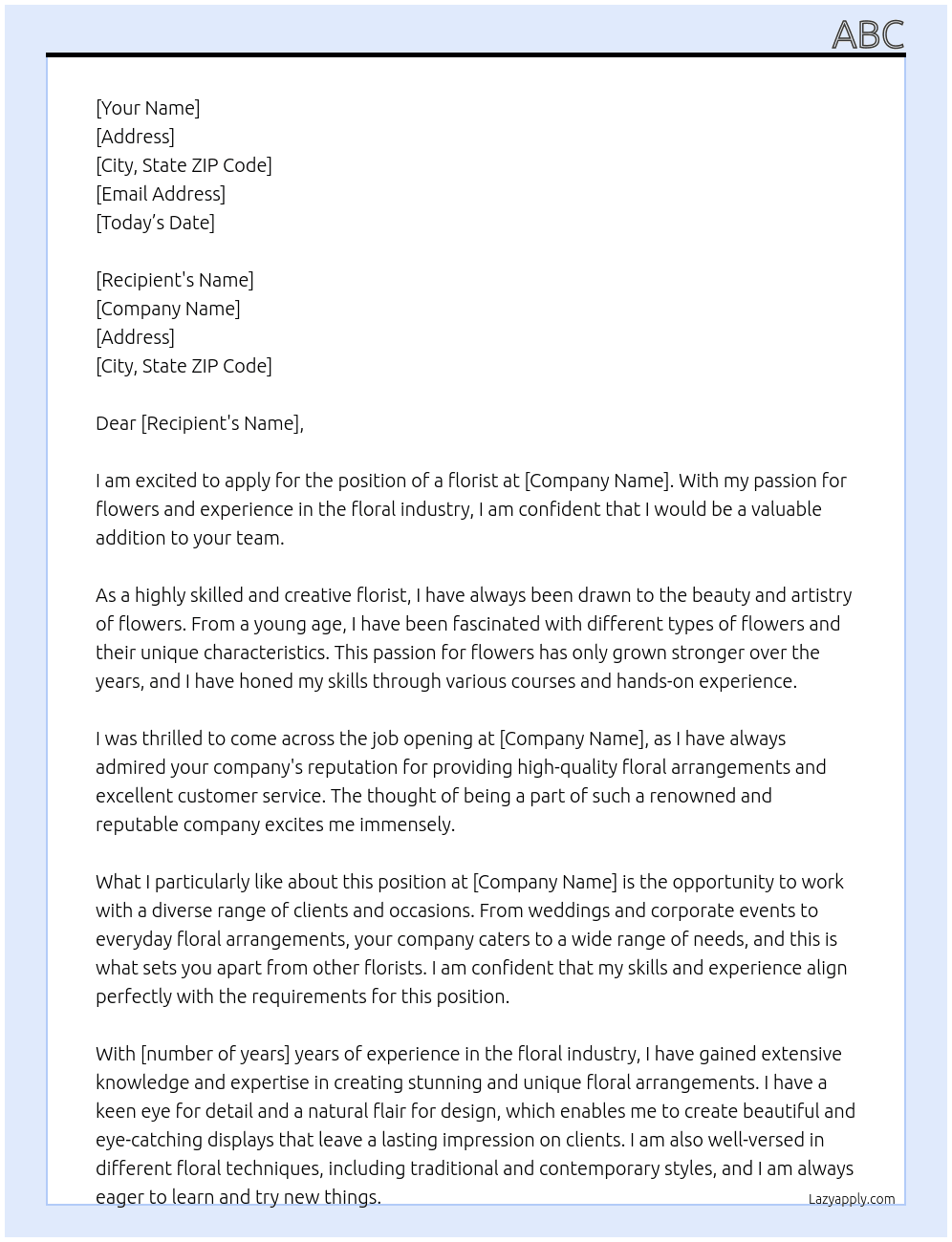 florist  At x Cover Letter