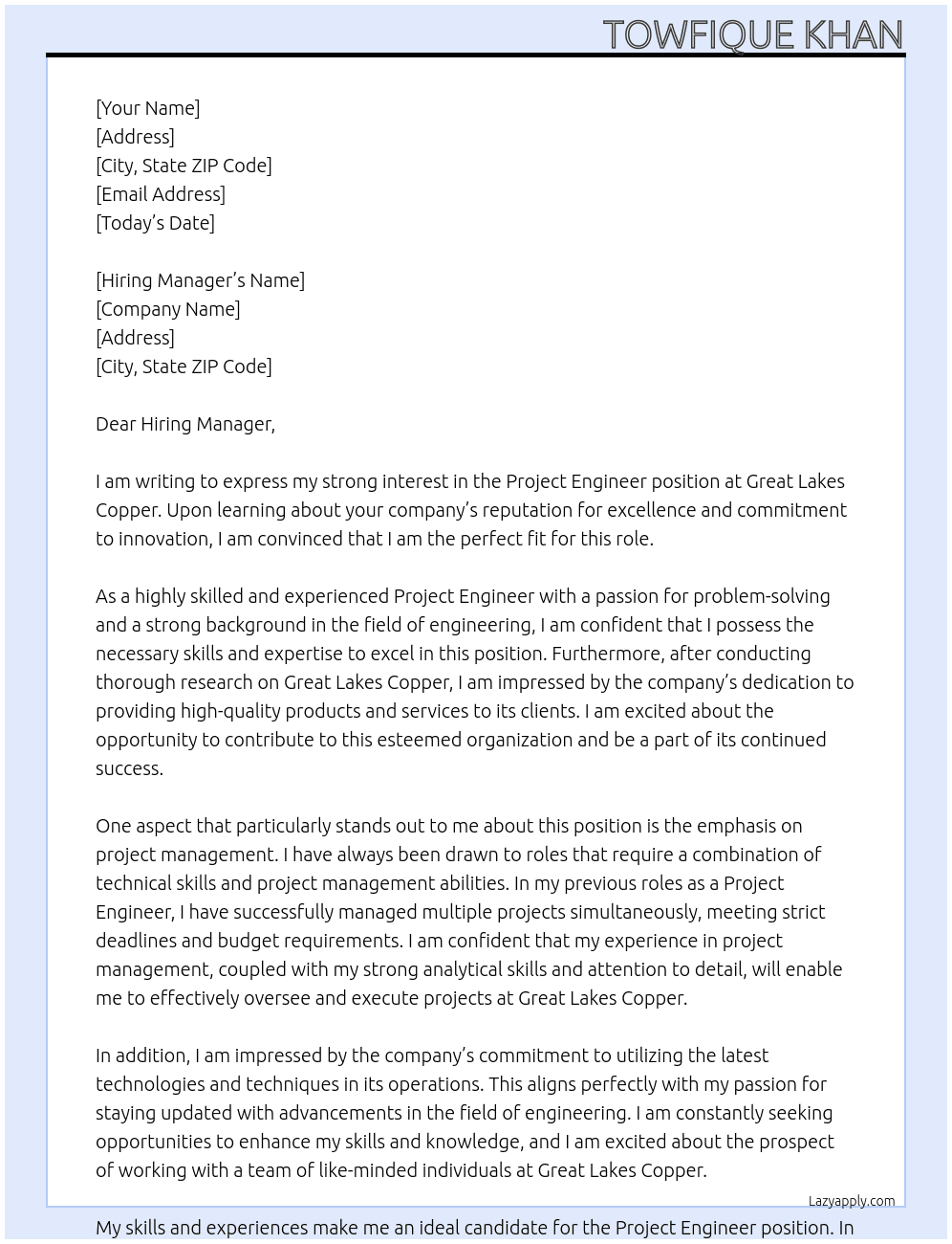 Project Engineer At Great Lakes Copper Cover Letter