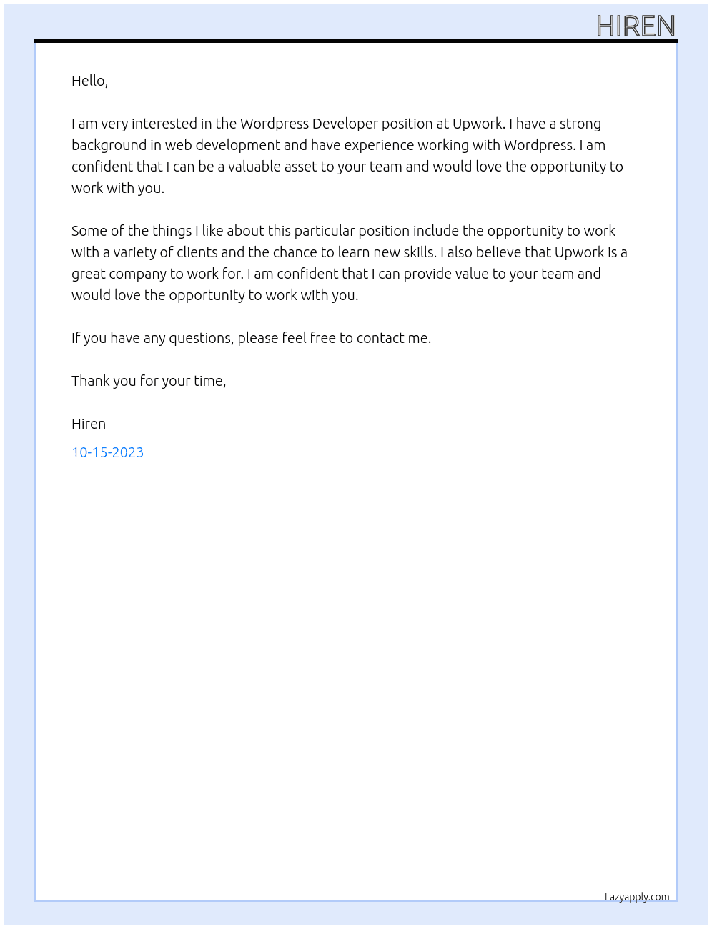 Wordpress Developer At Upwork Cover Letter