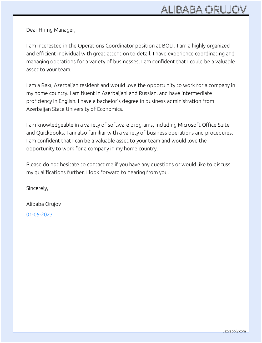 Operations Coordinator  At BOLT Cover Letter