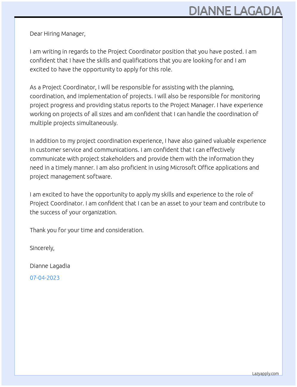 Project Coordinator ( At kainga ora communities Cover Letter