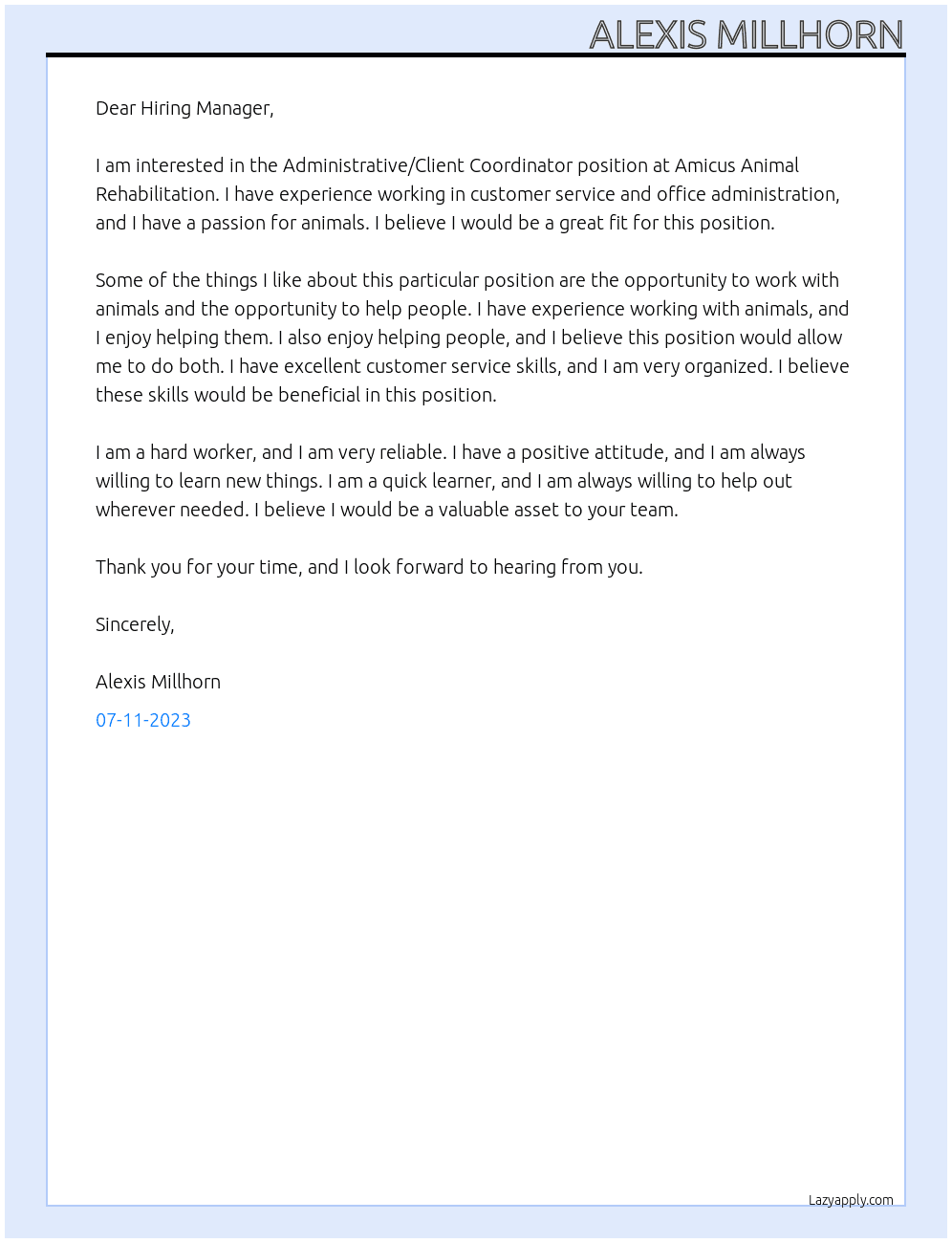 Administrative/Client Coordinator At Amicus Animal Rehabilitation Cover Letter
