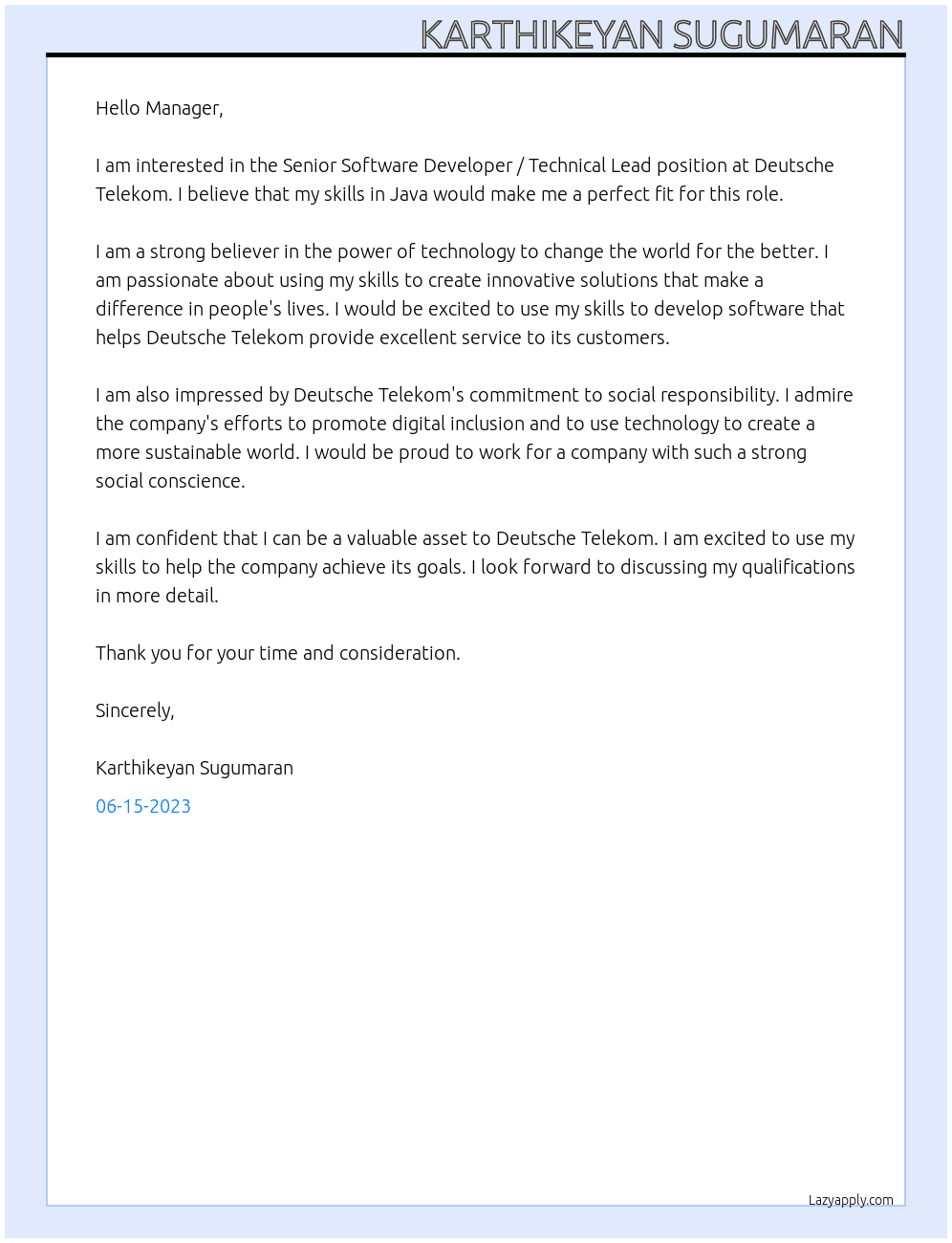 Senior Software Developer / Technical Lead At Deutsche Telekom Cover Letter