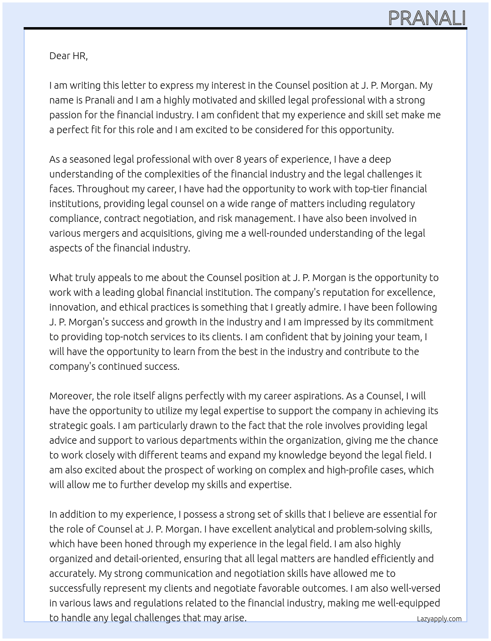 Counsel At J. P. Morgan Cover Letter