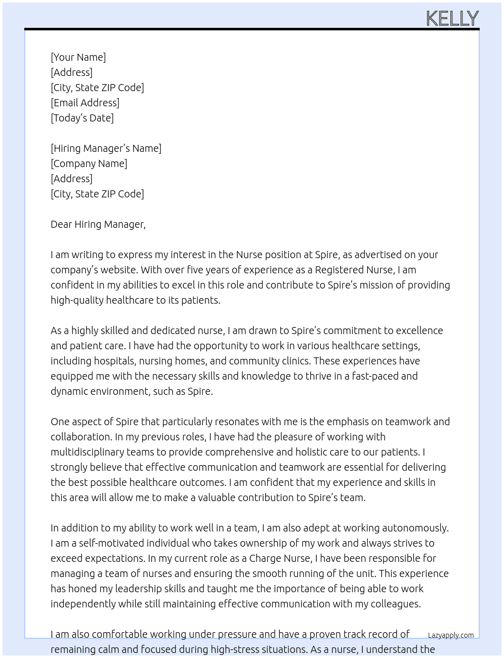 Nurse At Spire Cover Letter