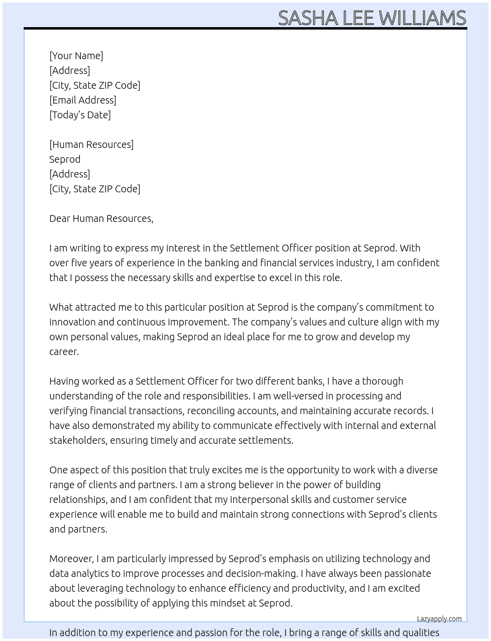 Settlement Officer At Seprod Cover Letter