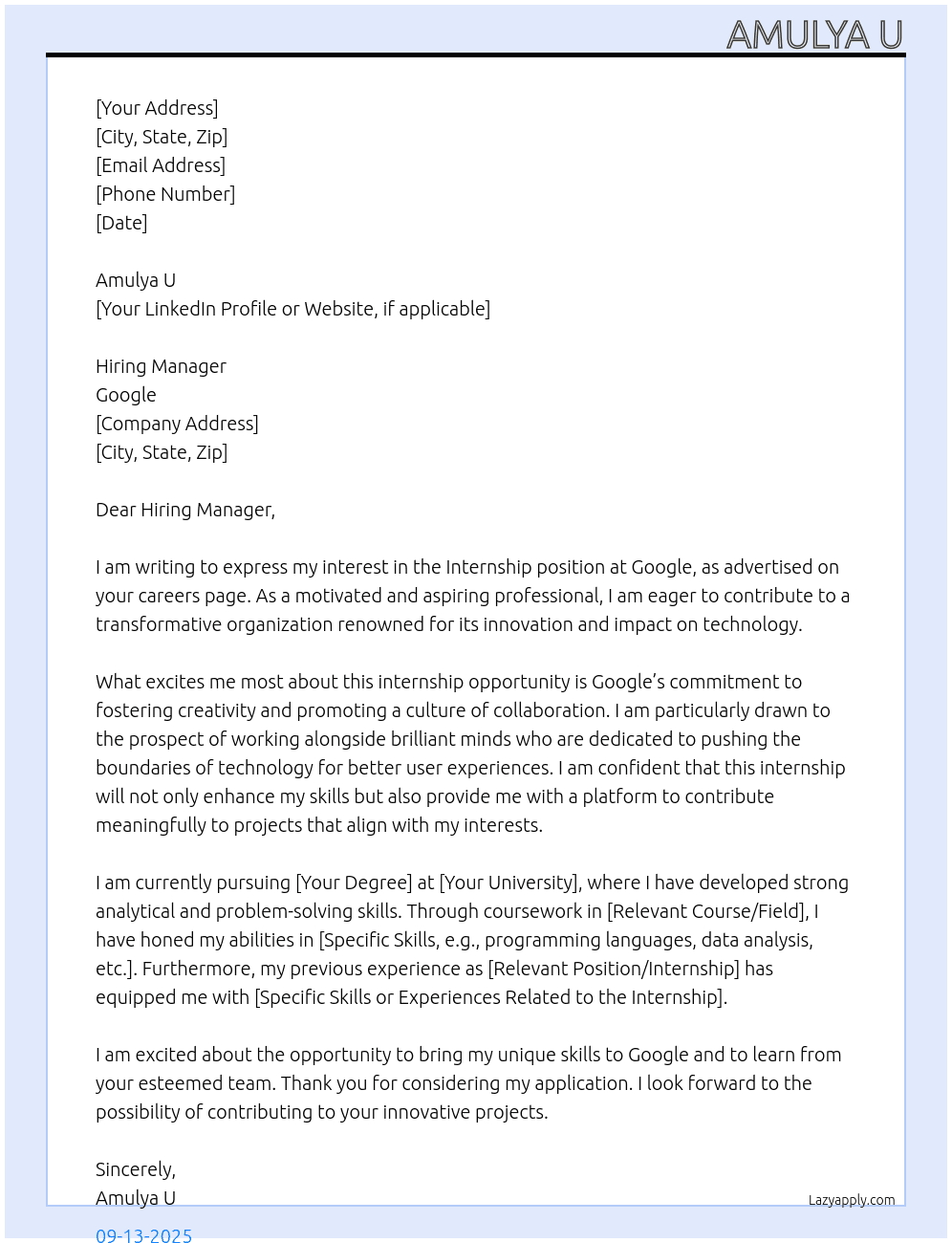 Internship  At Google Cover Letter