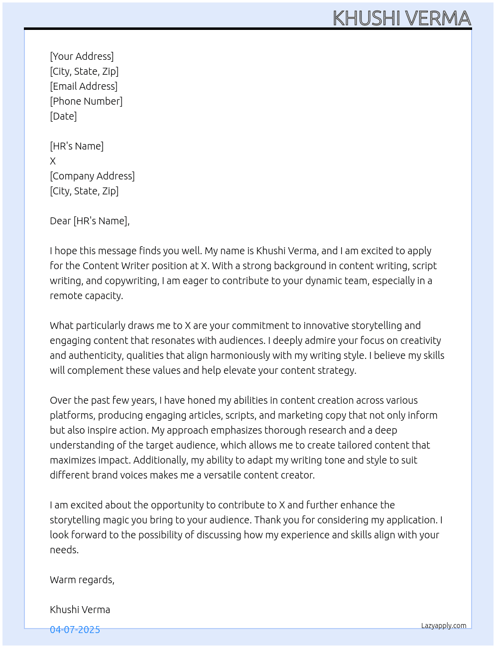 Content writer At X Cover Letter