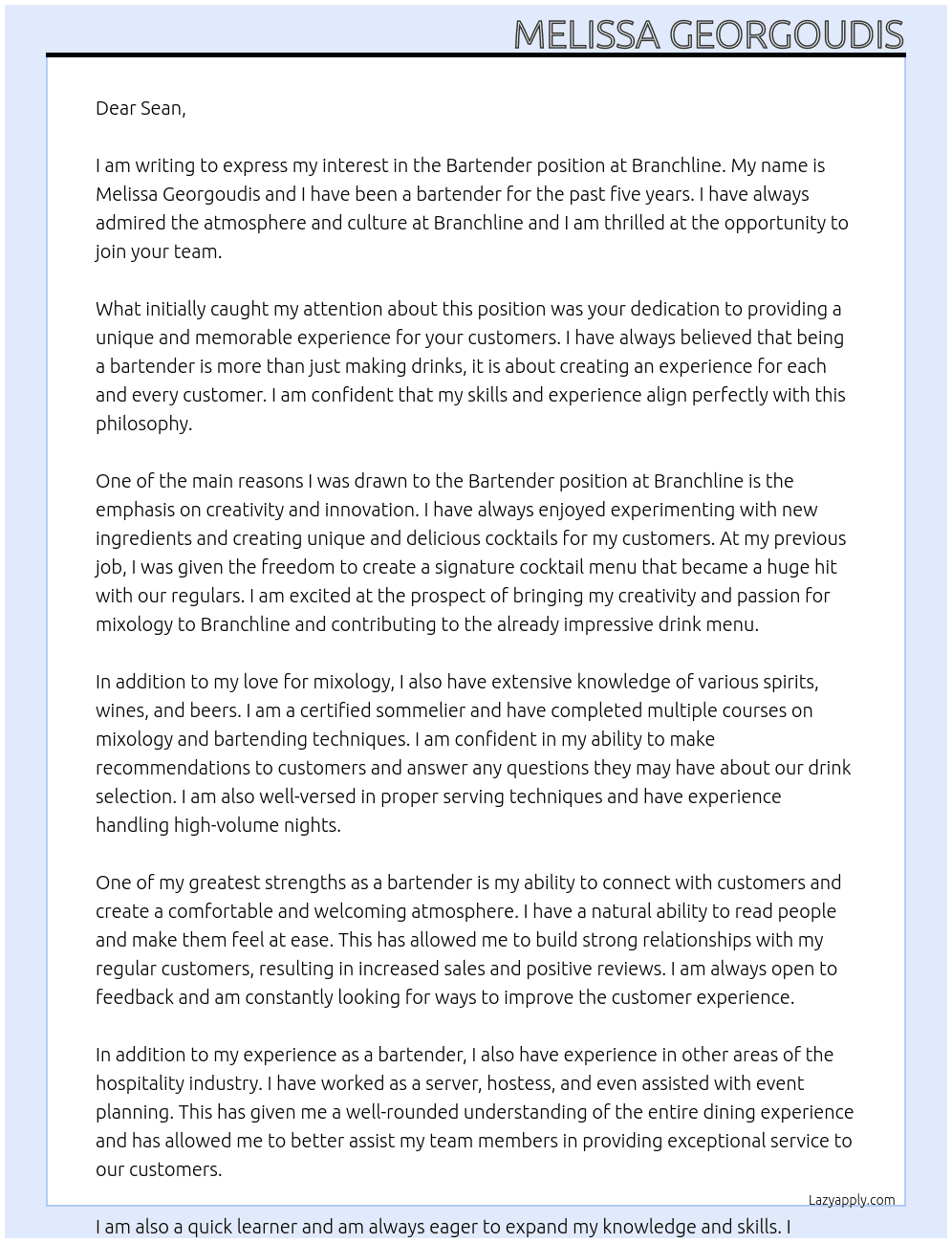 Bartender At Branchline Cover Letter